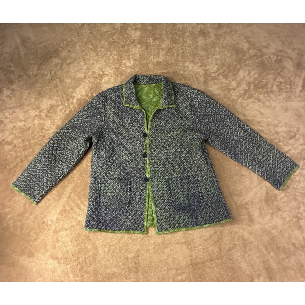 Women Quilted Reversible Floral Block Print Jacket Navy Green Medium Cottagecore